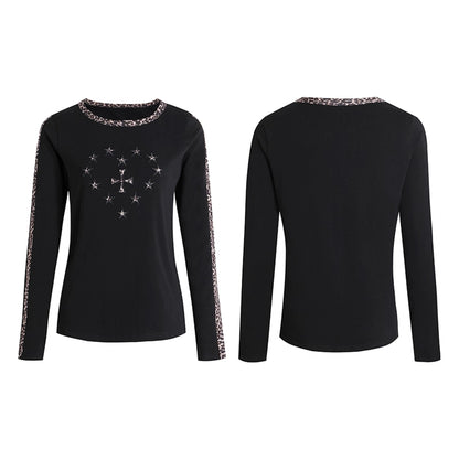 FayChui  Y2k Cross Print Leopard Trim Long Sleeve Tee