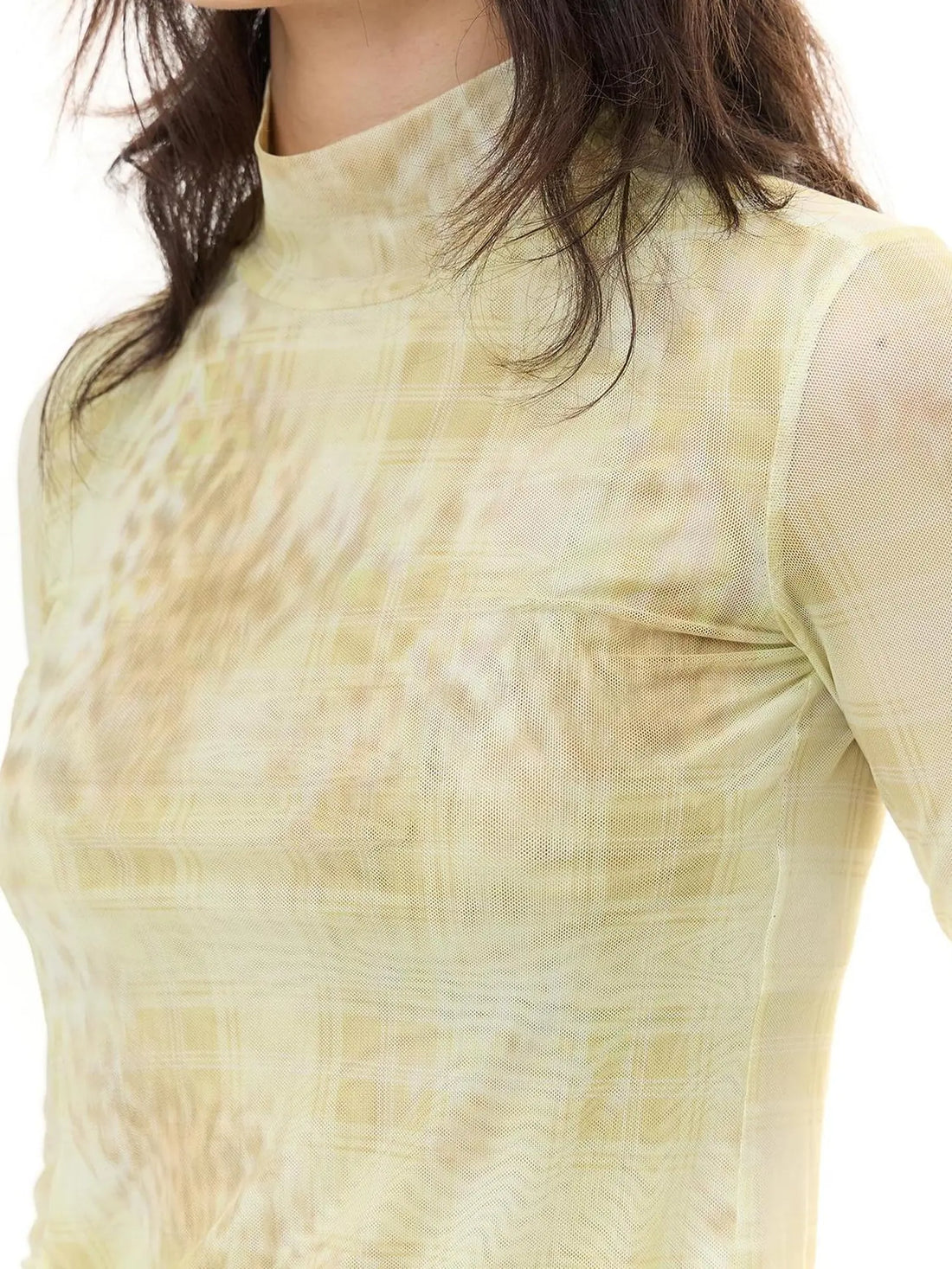 FayChui  Yellow Checkered Leopard Sheer Top