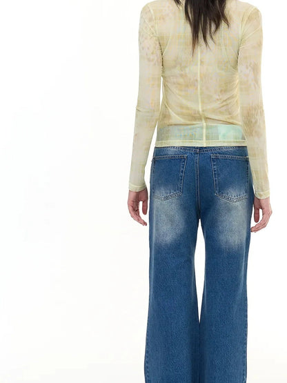 FayChui  Yellow Checkered Leopard Sheer Top
