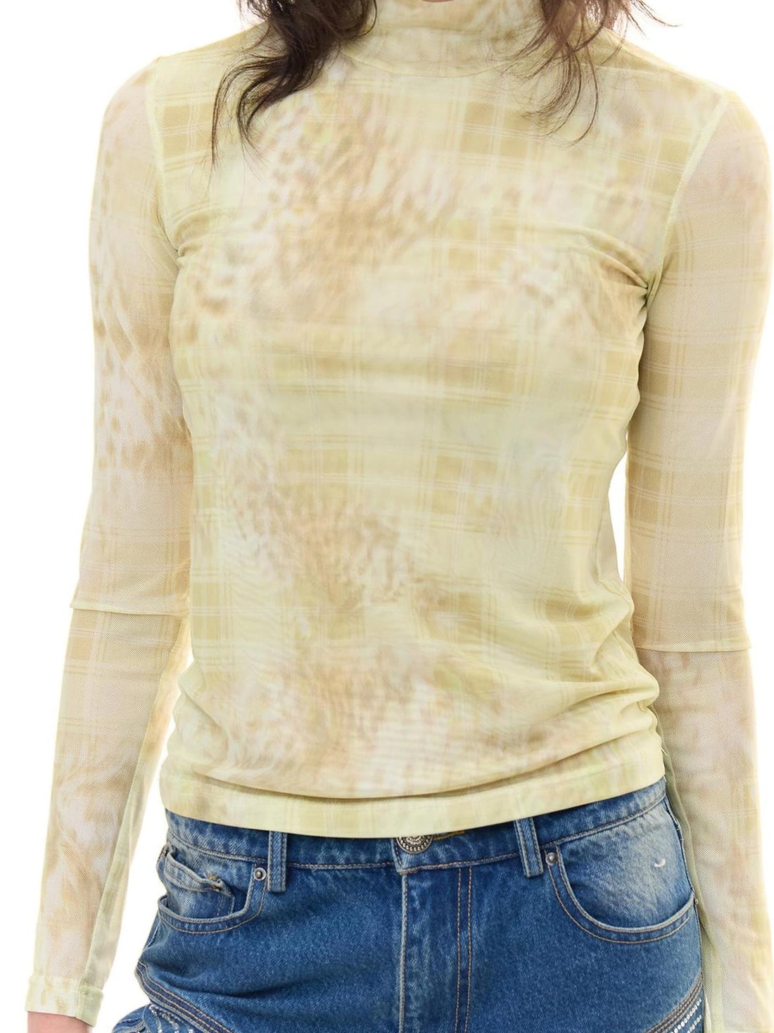 FayChui  Yellow Checkered Leopard Sheer Top