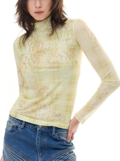 FayChui  Yellow Checkered Leopard Sheer Top