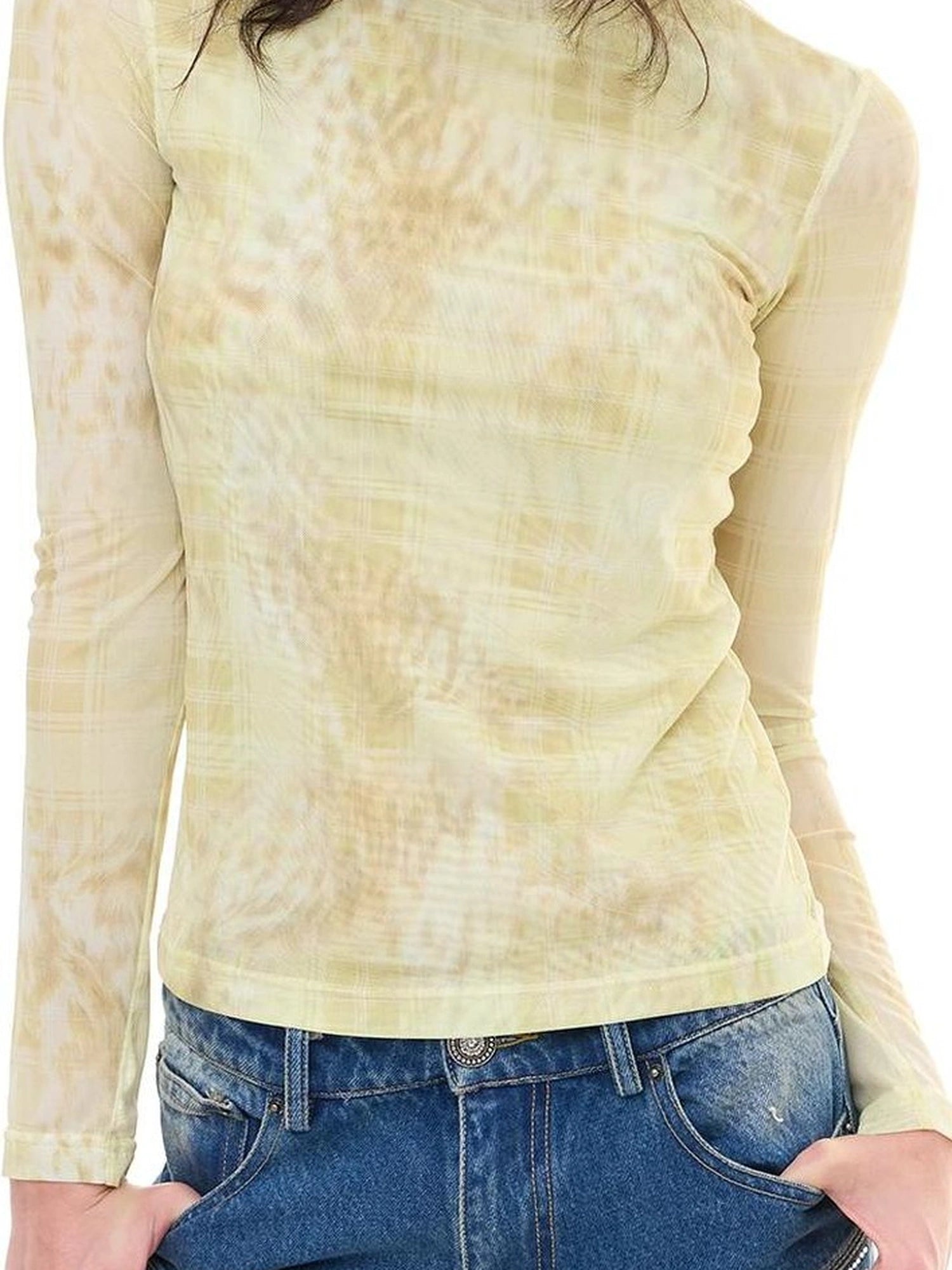 FayChui  Yellow Checkered Leopard Sheer Top