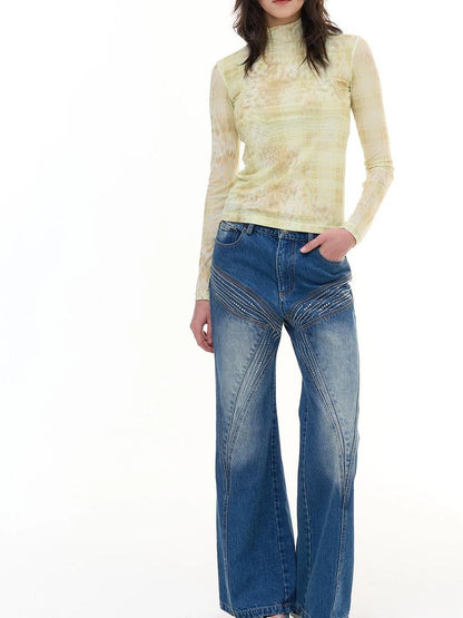 FayChui  Yellow Checkered Leopard Sheer Top
