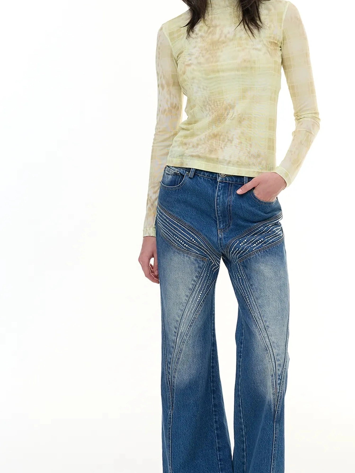 FayChui  Yellow Checkered Leopard Sheer Top
