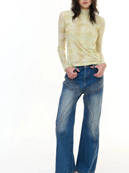 FayChui  Yellow Checkered Leopard Sheer Top