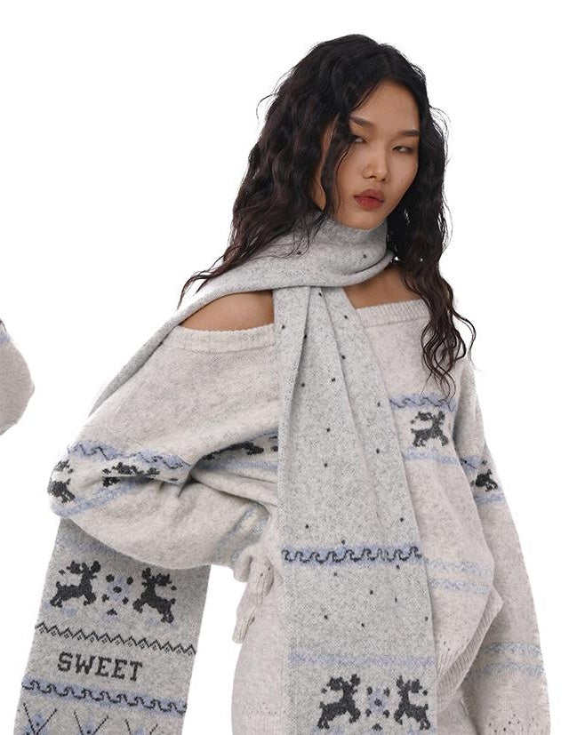 Festive Reindeer Jacquard Off-Shoulder Knit Sweater