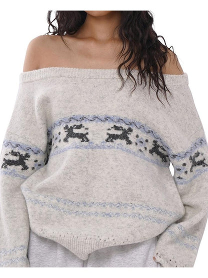 Festive Reindeer Jacquard Off-Shoulder Knit Sweater