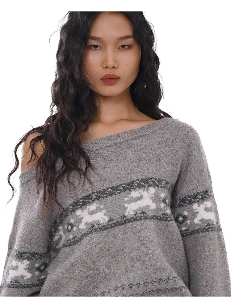 Festive Reindeer Jacquard Off-Shoulder Knit Sweater