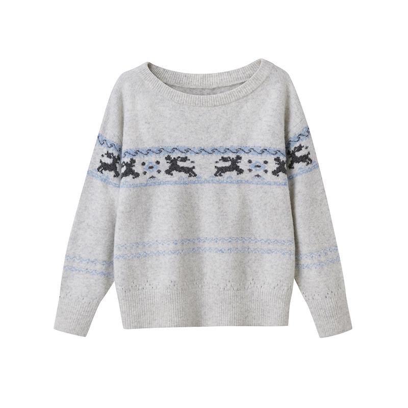 Festive Reindeer Jacquard Off-Shoulder Knit Sweater