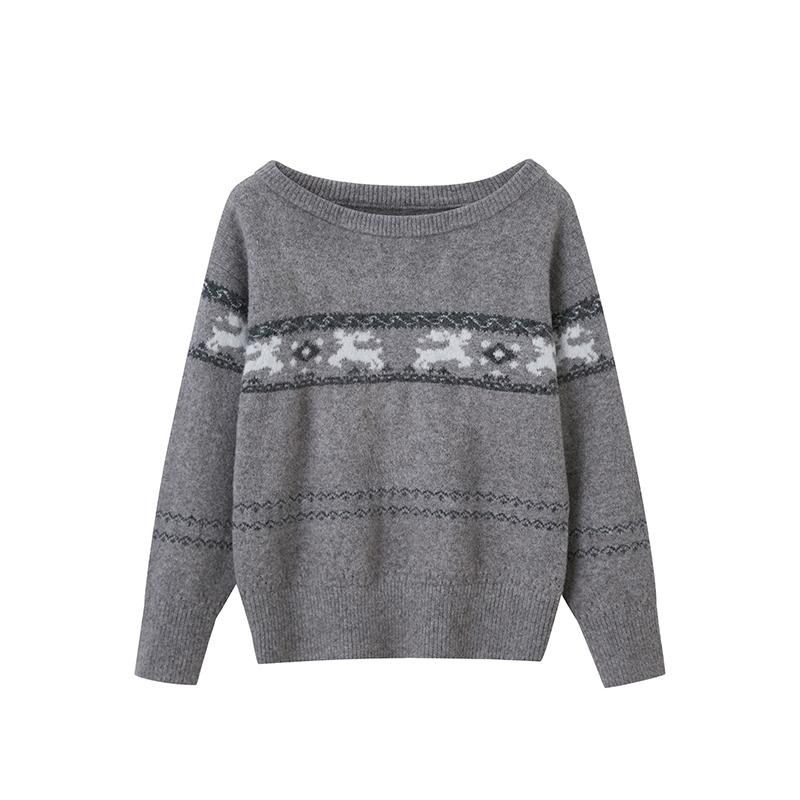 Festive Reindeer Jacquard Off-Shoulder Knit Sweater