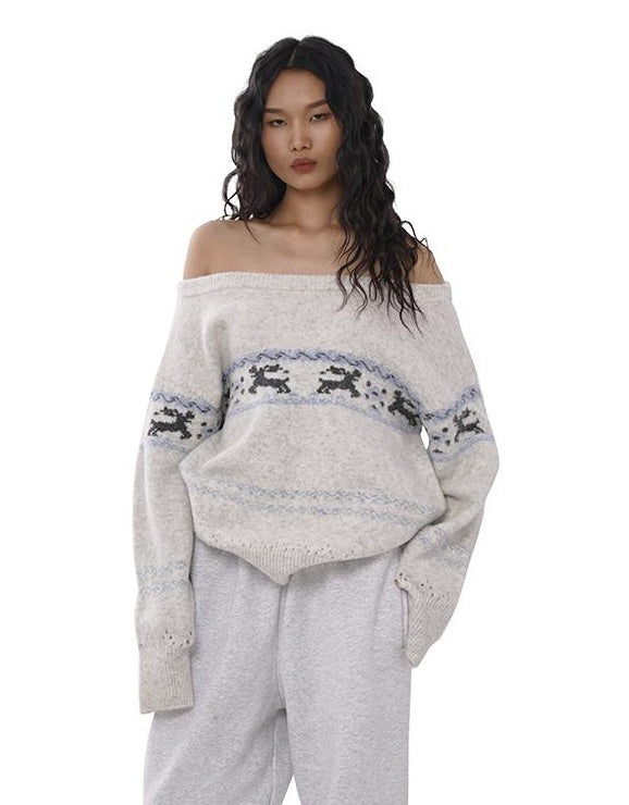 Festive Reindeer Jacquard Off-Shoulder Knit Sweater