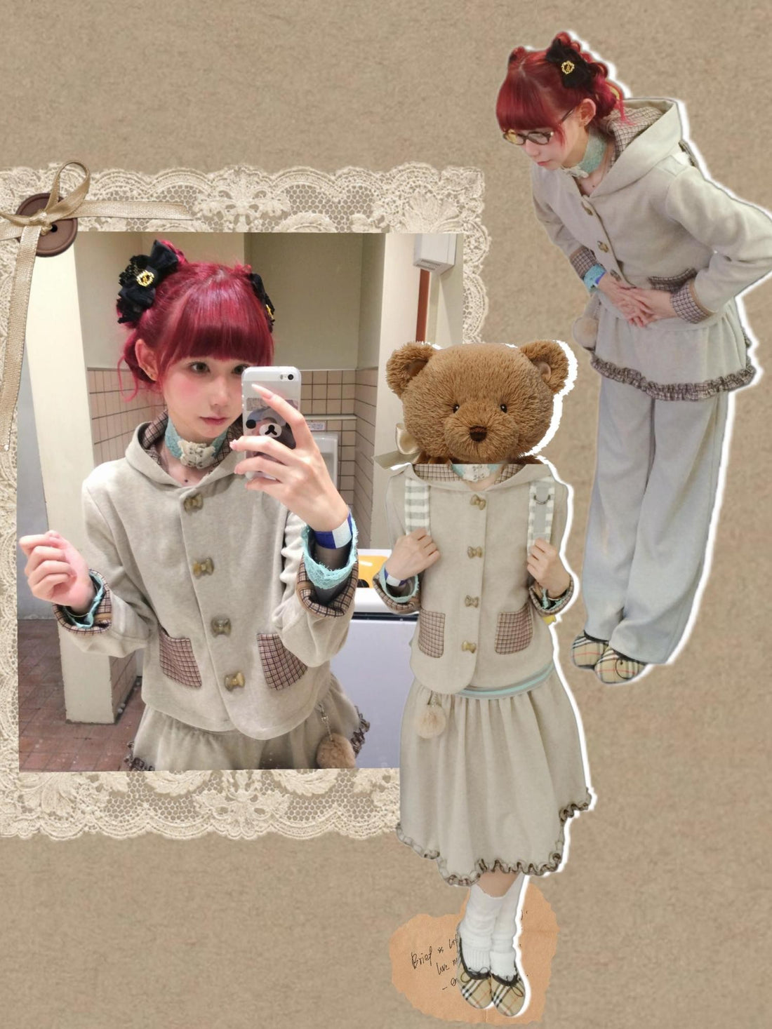 FinderMond FM Angel Wings Bear Ear Bow Oatmeal Brown Loose Fit Women&