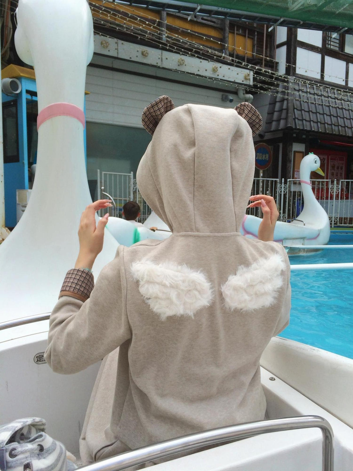 FinderMond FM Angel Wings Bear Ear Bow Oatmeal Brown Loose Fit Women&