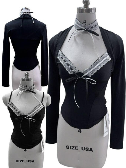 FinderMond FM Black White V-neck Choker 3 Piece Waist Cinched Vest Women&