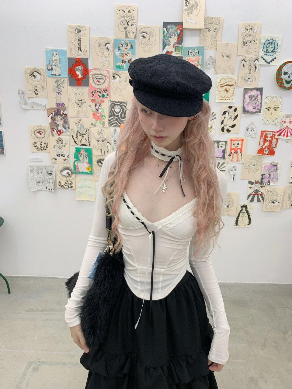 FinderMond FM Black White V-neck Choker 3 Piece Waist Cinched Vest Women&