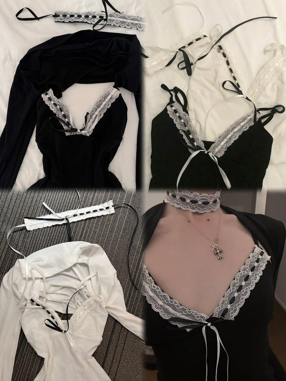 FinderMond FM Black White V-neck Choker 3 Piece Waist Cinched Vest Women&