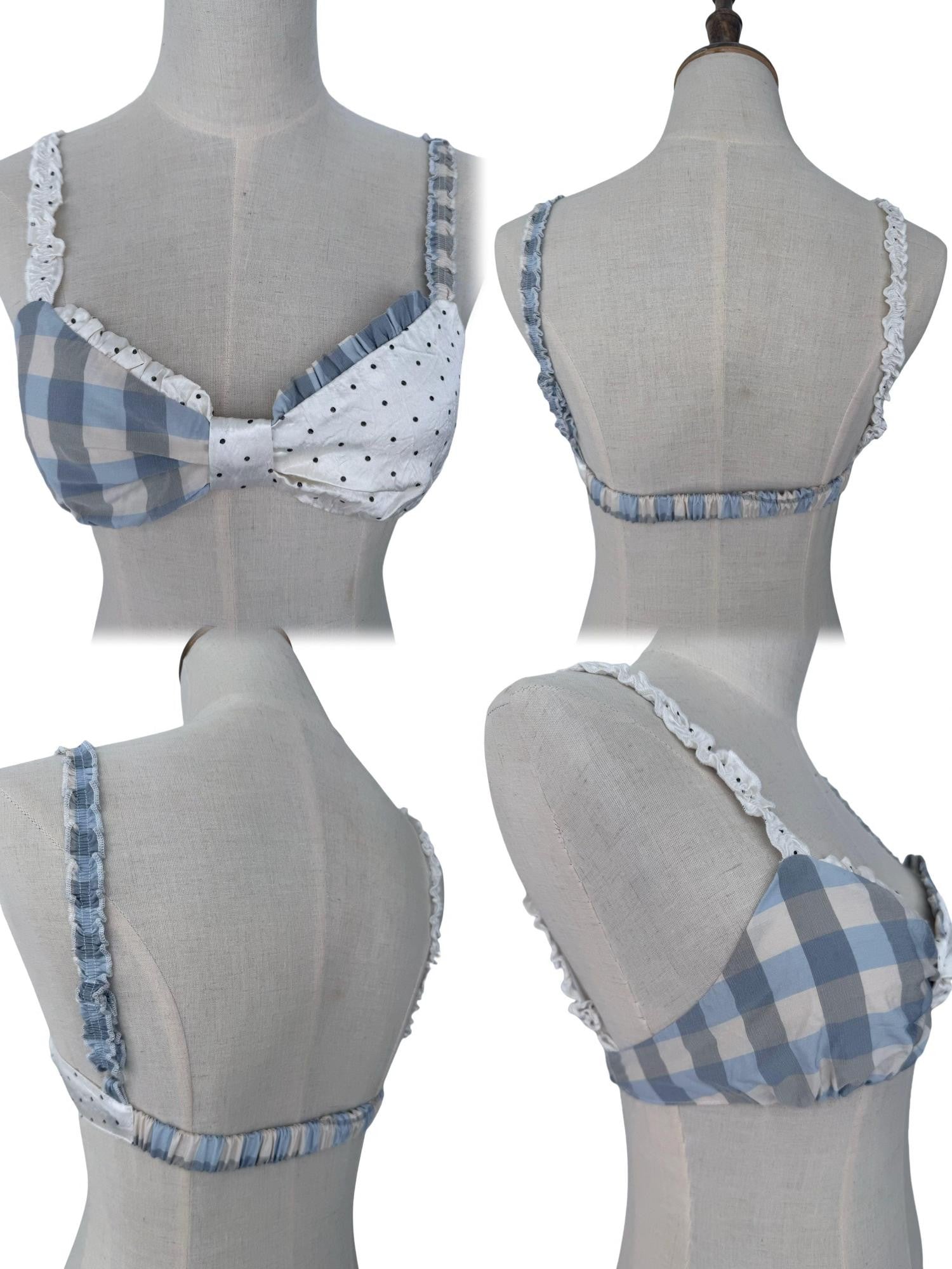 FinderMond FM Blue Check Polka Dot Patchwork Bow Strappy Cami Women&