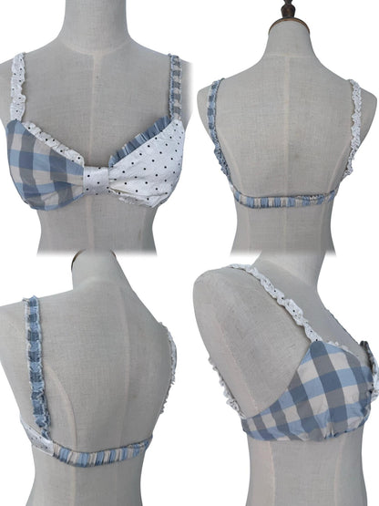 FinderMond FM Blue Check Polka Dot Patchwork Bow Strappy Cami Women&