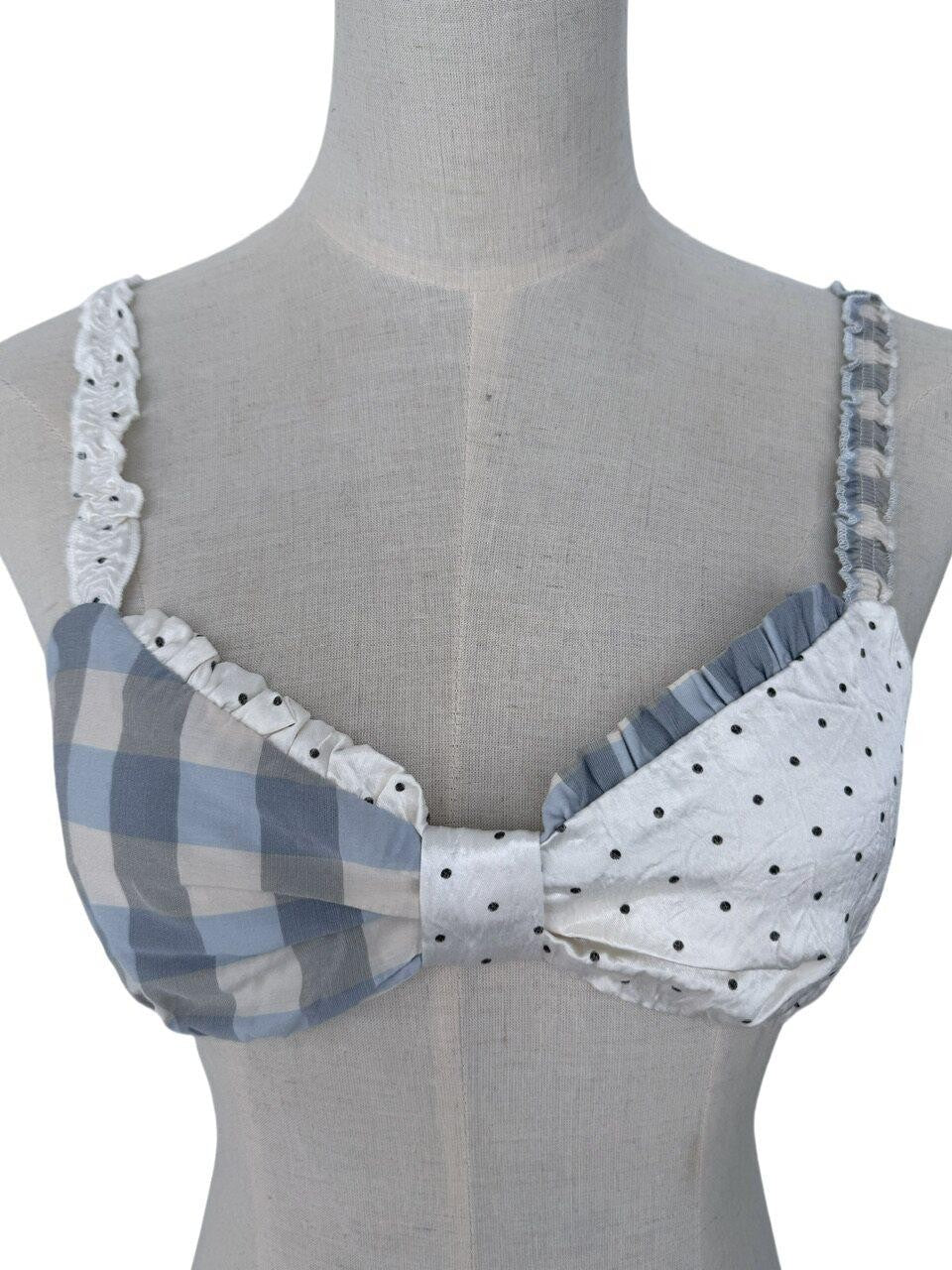FinderMond FM Blue Check Polka Dot Patchwork Bow Strappy Cami Women&