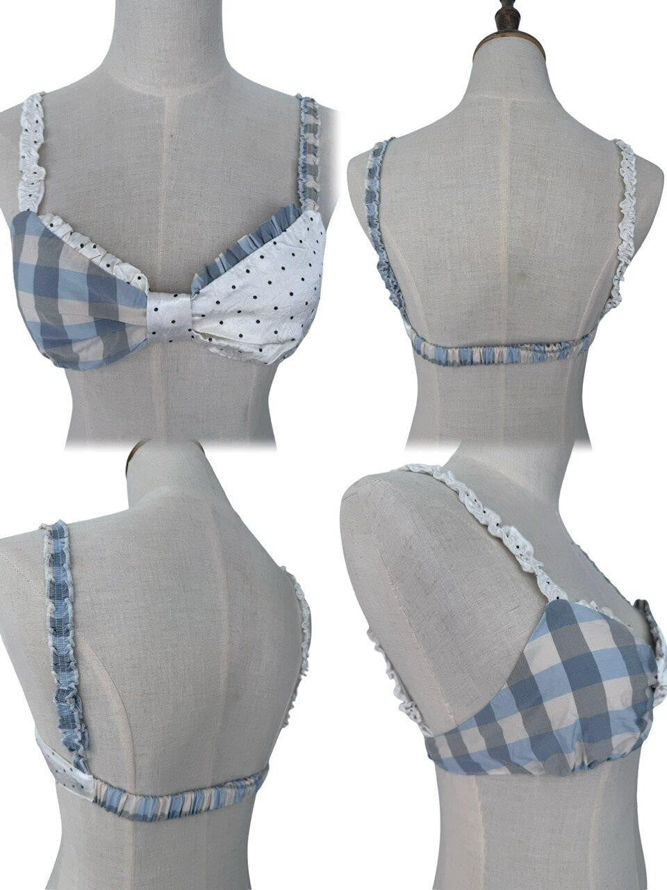 FinderMond FM Blue Check Polka Dot Patchwork Bow Strappy Cami Women&