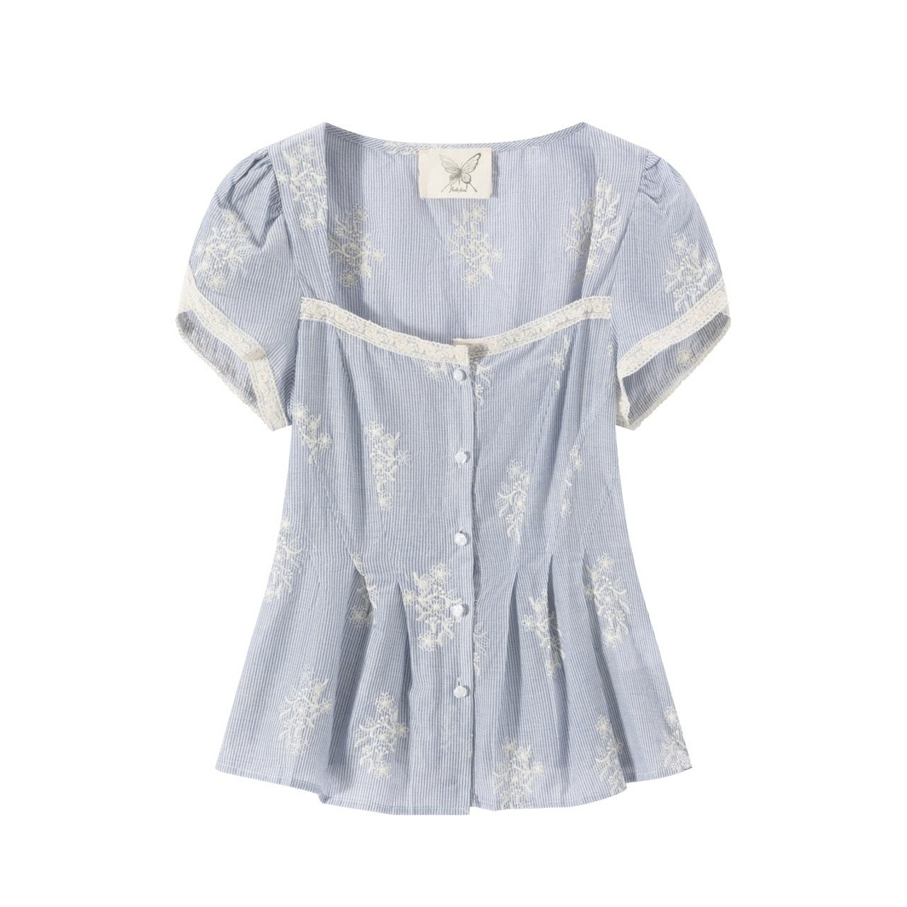 FinderMond_FM_Blue_Embroidered_Stripe_Petal_Sleeve_Pin_Tuck_Waist_Women&