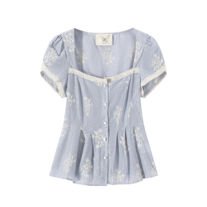 FinderMond_FM_Blue_Embroidered_Stripe_Petal_Sleeve_Pin_Tuck_Waist_Women&