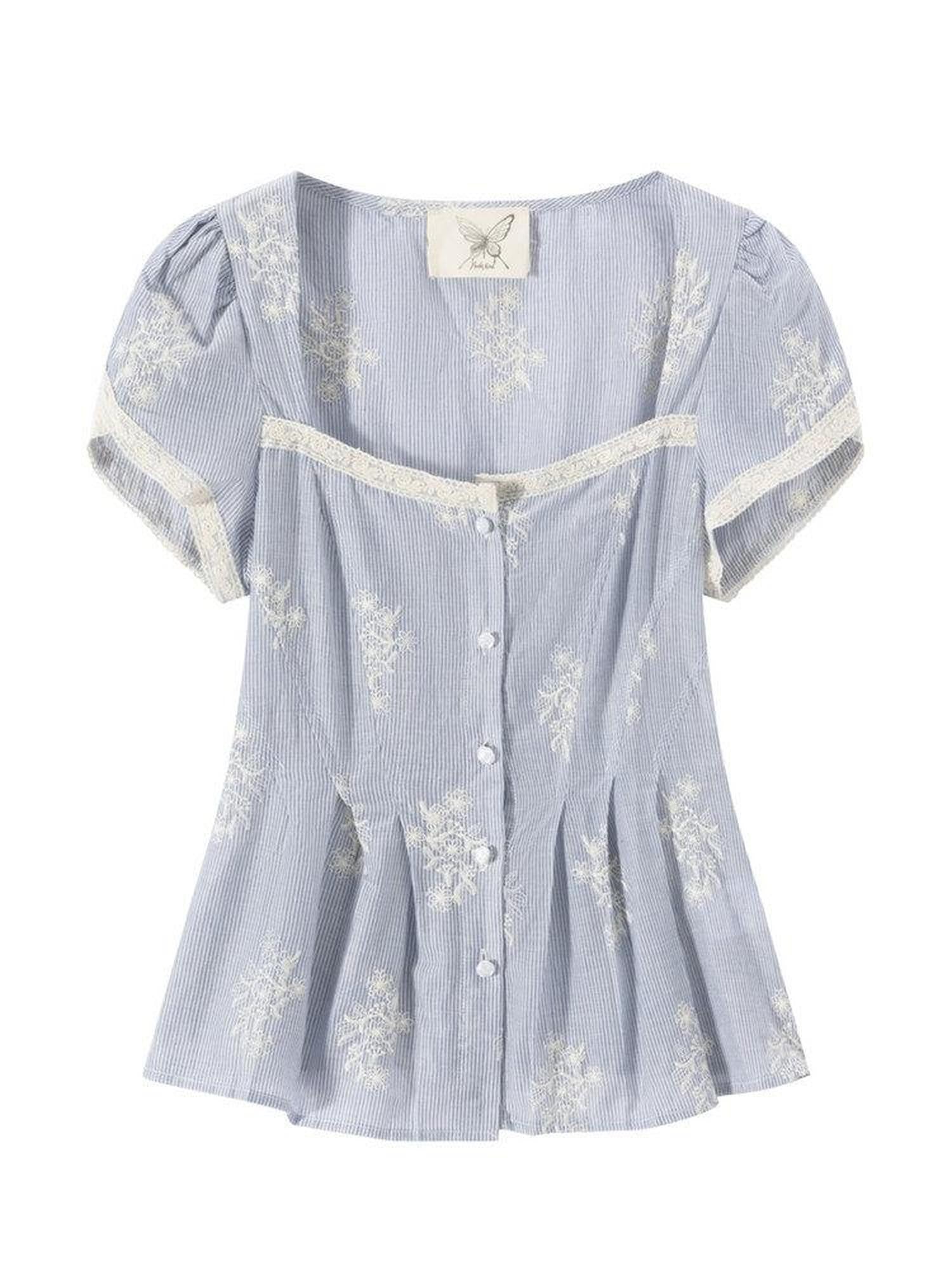 FinderMond FM Blue Embroidered Stripe Petal Sleeve Pin Tuck Waist Women&