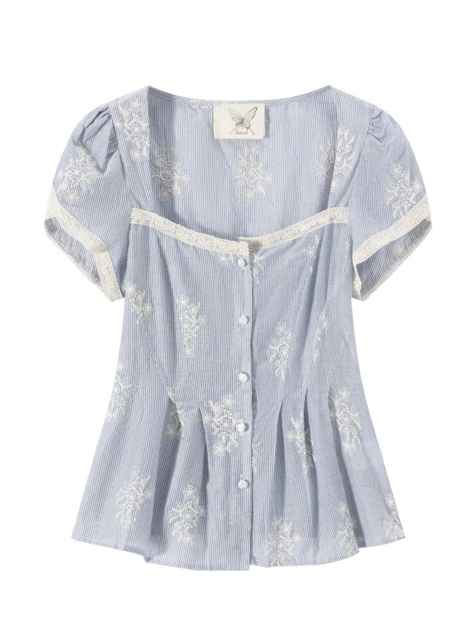 FinderMond FM Blue Embroidered Stripe Petal Sleeve Pin Tuck Waist Women&