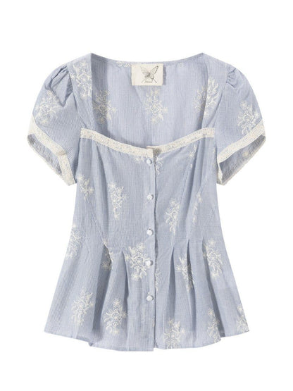 FinderMond FM Blue Embroidered Stripe Petal Sleeve Pin Tuck Waist Women&
