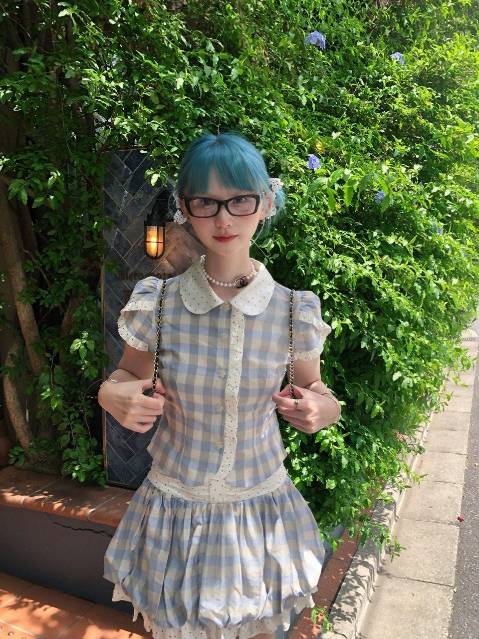 FinderMond FM Blue Plaid Bobo Bud Doll Collar Girlish Women&