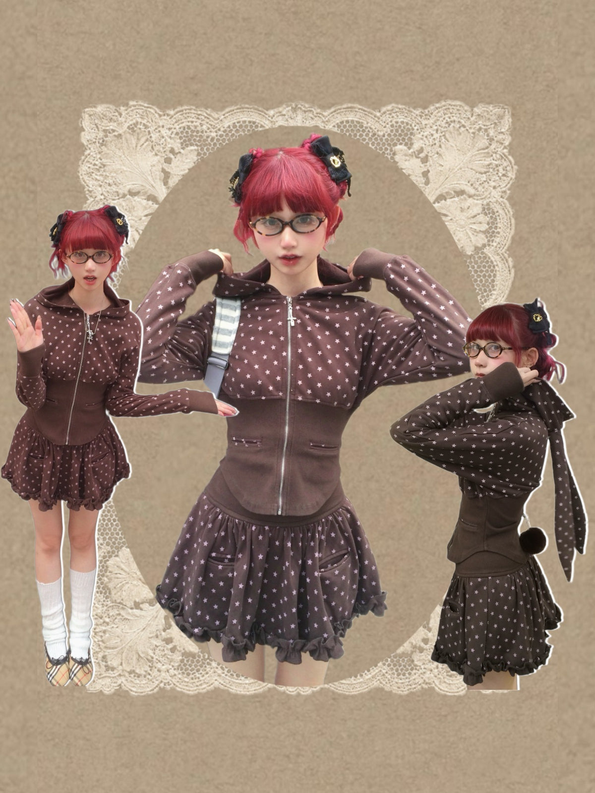 FinderMond_FM_Brown_Star_Print_Zip_Up_Waist_Cinch_Women&