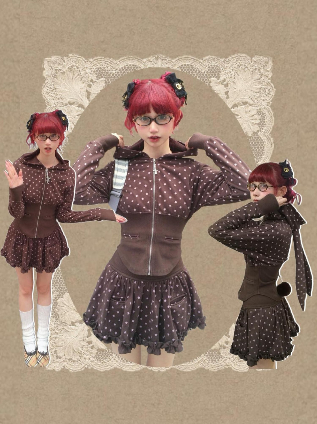 FinderMond FM Brown Star Print Zip Up Waist Cinch Women&