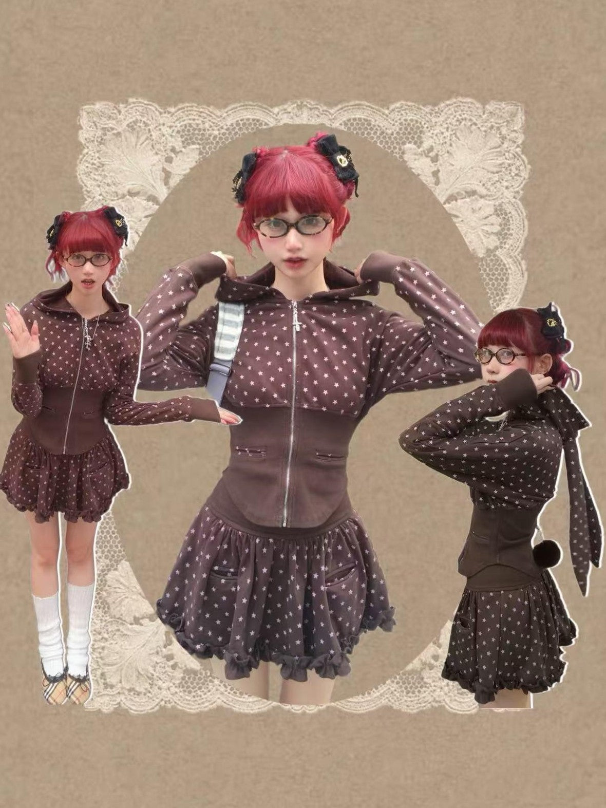 FinderMond FM Brown Star Print Zip Up Waist Cinch Women&