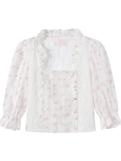 FinderMond FM Cherry Blossom Rain Pleated Printed Short Sleeve Women&