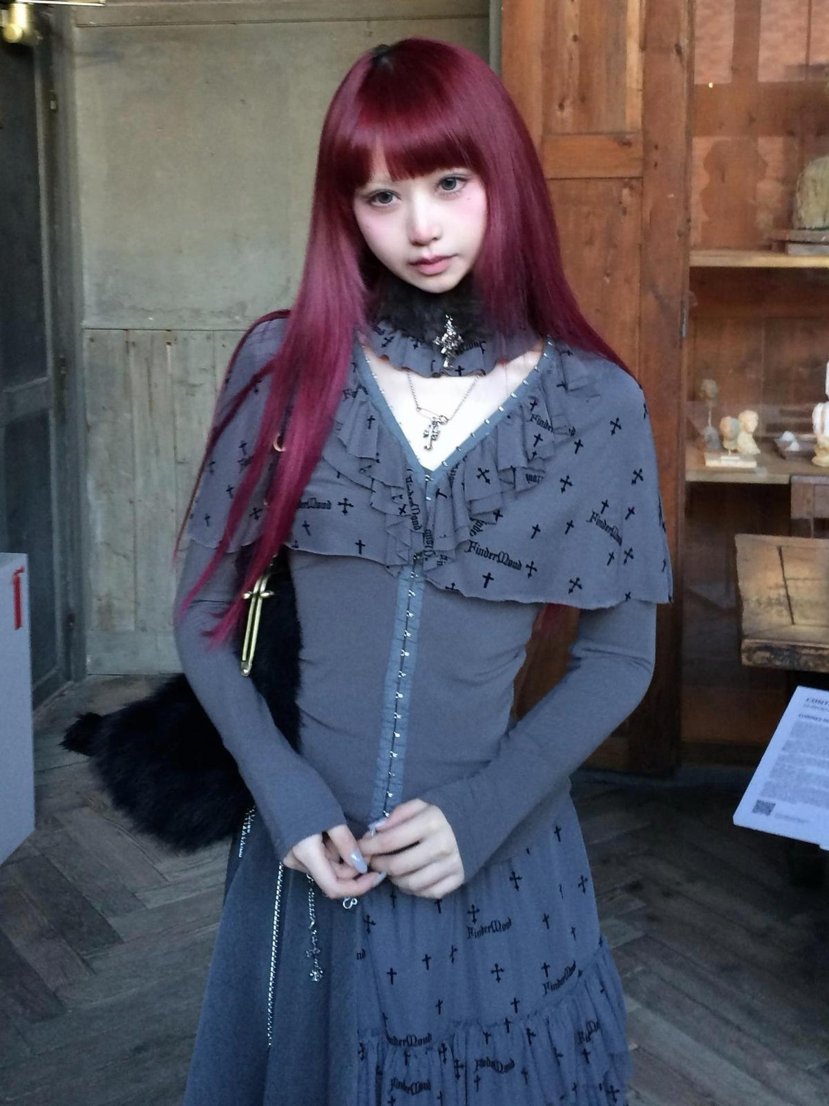 FinderMond FM Dark Gothic Cross Flocked Mesh Layered Cape Women&
