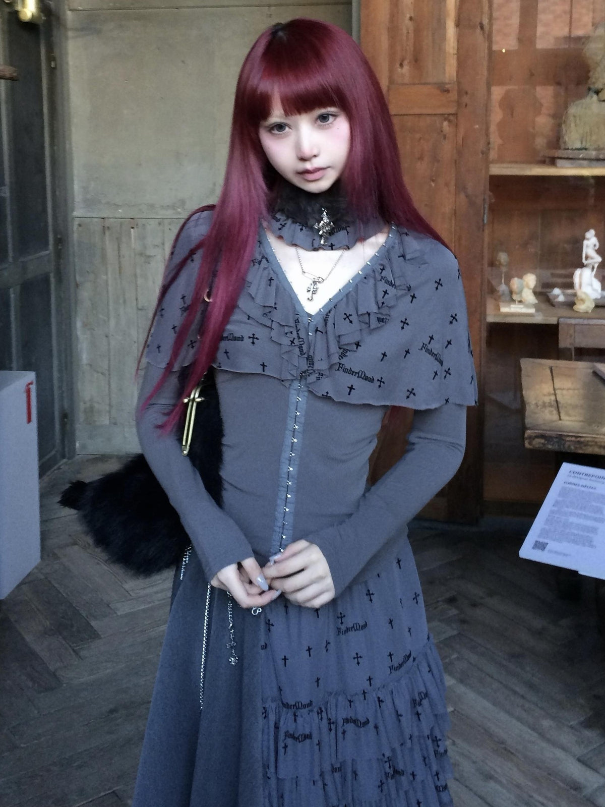 FinderMond FM Dark Gothic Cross Flocked Mesh Layered Cape Women&