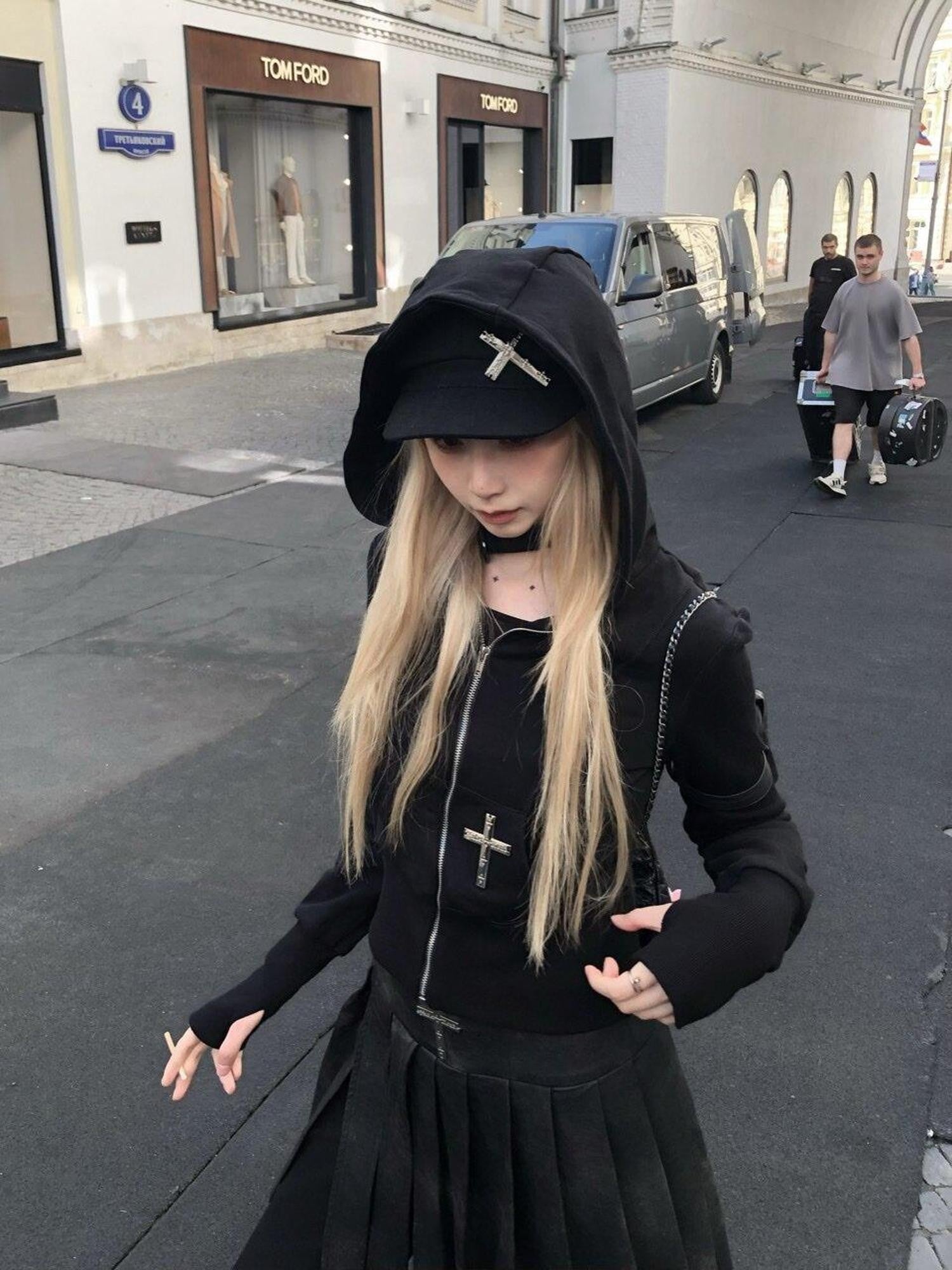 FinderMond FM Dark Gothic Metallic Cross Hooded Sweatshirt And Pants Women&