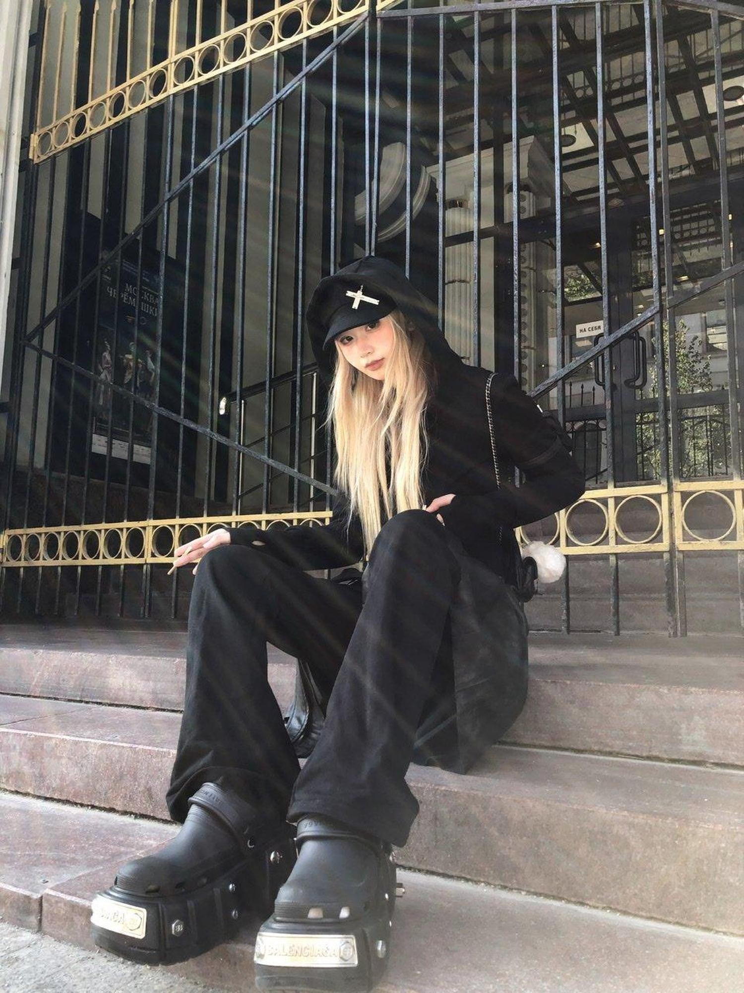 FinderMond FM Dark Gothic Metallic Cross Hooded Sweatshirt And Pants Women&