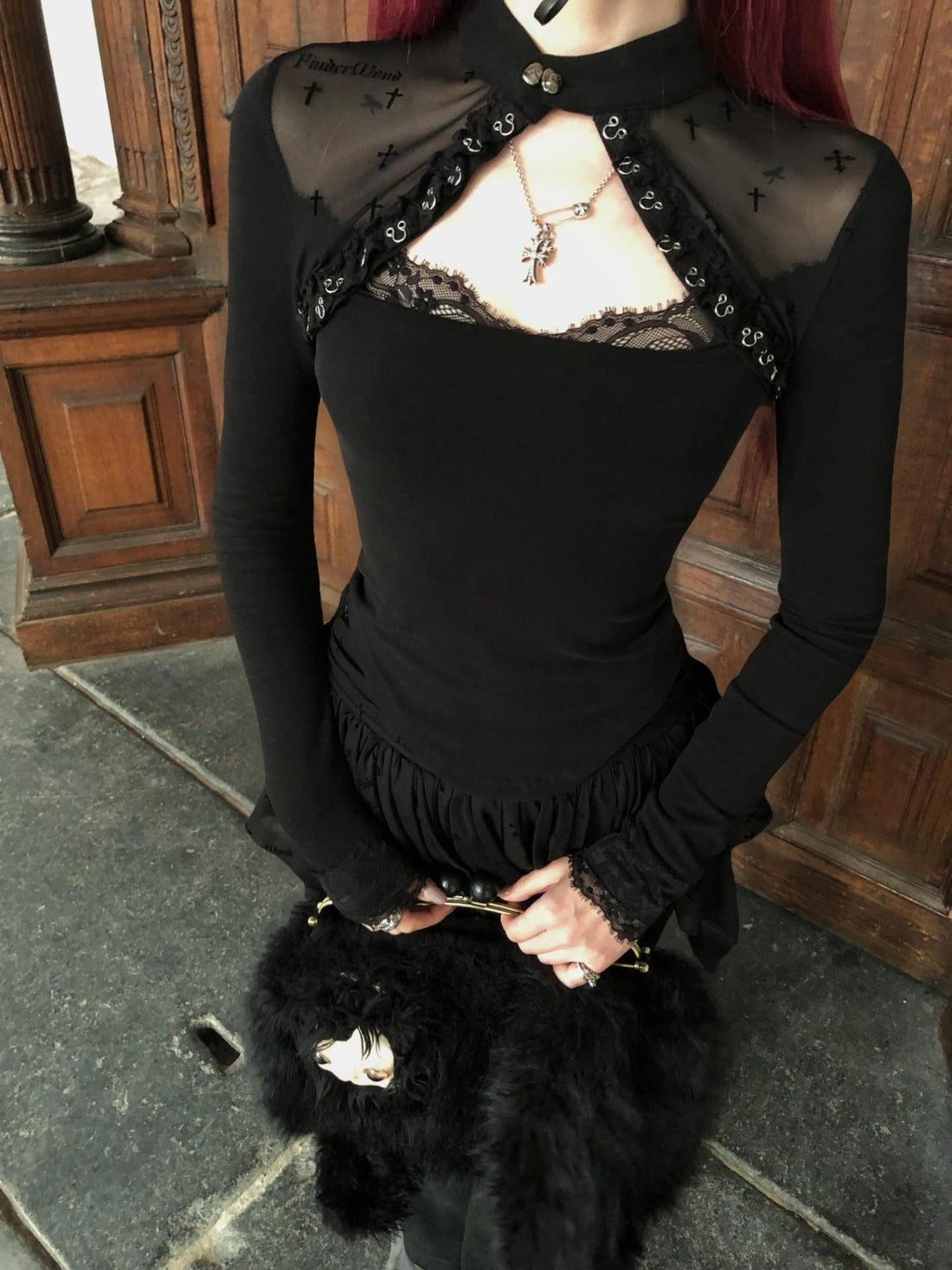 FinderMond FM Dark Lace Mesh Paneled Stand Collar Women&