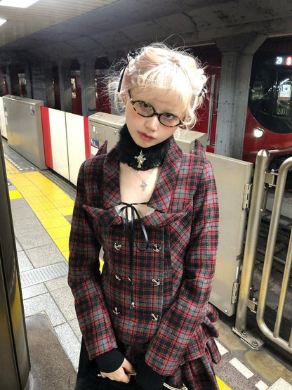 FinderMond FM Devil Horn Red Plaid Studded Punk Women&