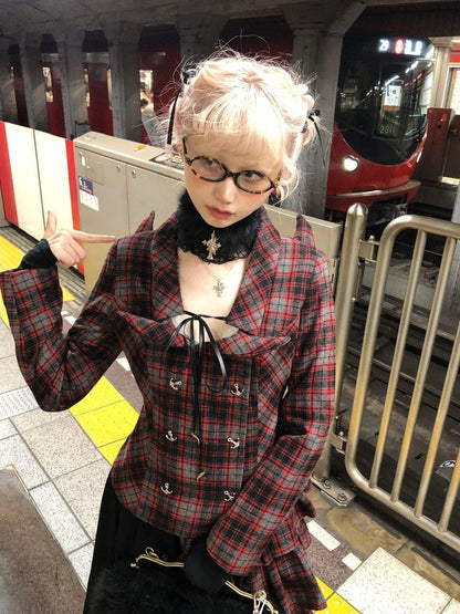 FinderMond FM Devil Horn Red Plaid Studded Punk Women&