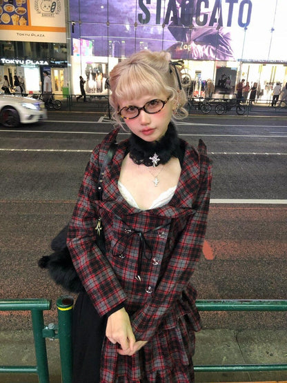 FinderMond FM Devil Horn Red Plaid Studded Punk Women&