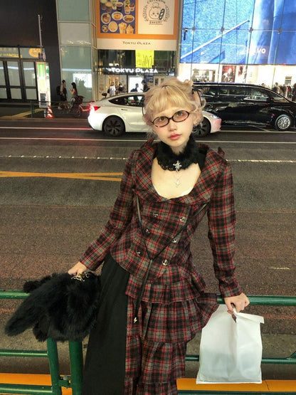 FinderMond FM Devil Horn Red Plaid Studded Punk Women&