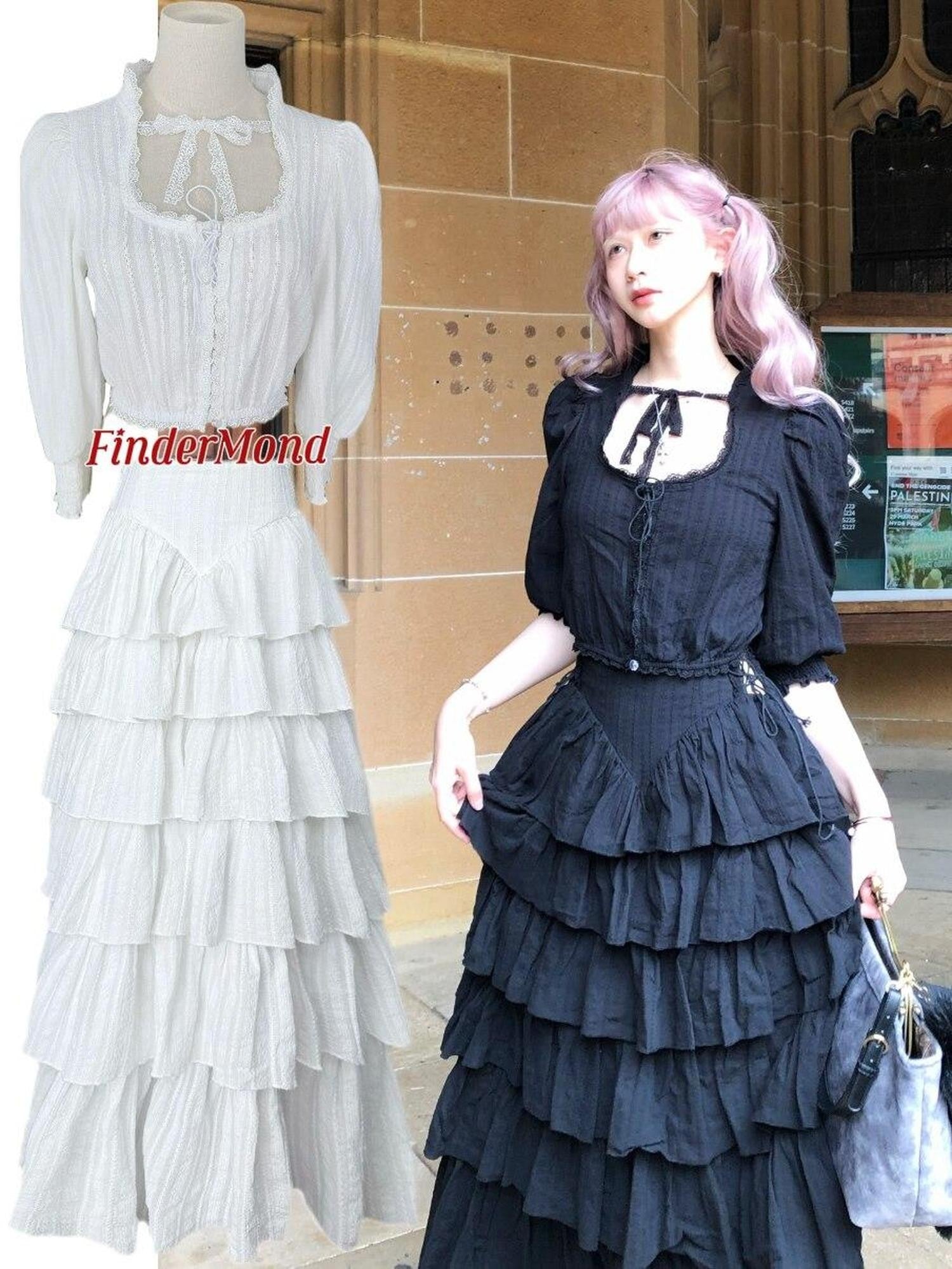 FinderMond FM Elegant Tiered Cake Skirt Mid Sleeve Niche Design Women&