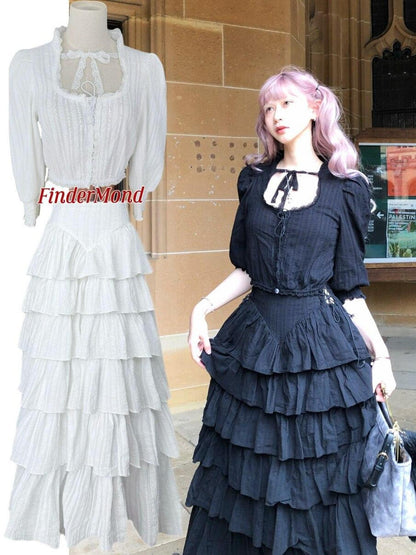 FinderMond FM Elegant Tiered Cake Skirt Mid Sleeve Niche Design Women&