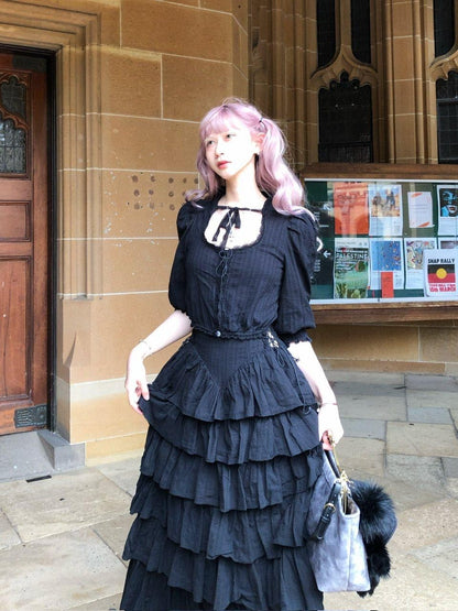 FinderMond FM Elegant Tiered Cake Skirt Mid Sleeve Niche Design Women&