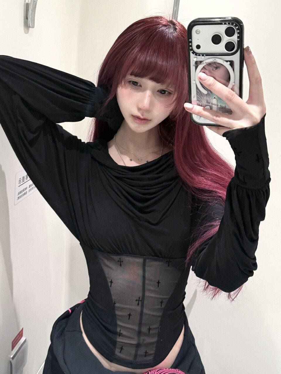 FinderMond FM Gothic Cross Mesh Splice Panel Draped Neck Women&