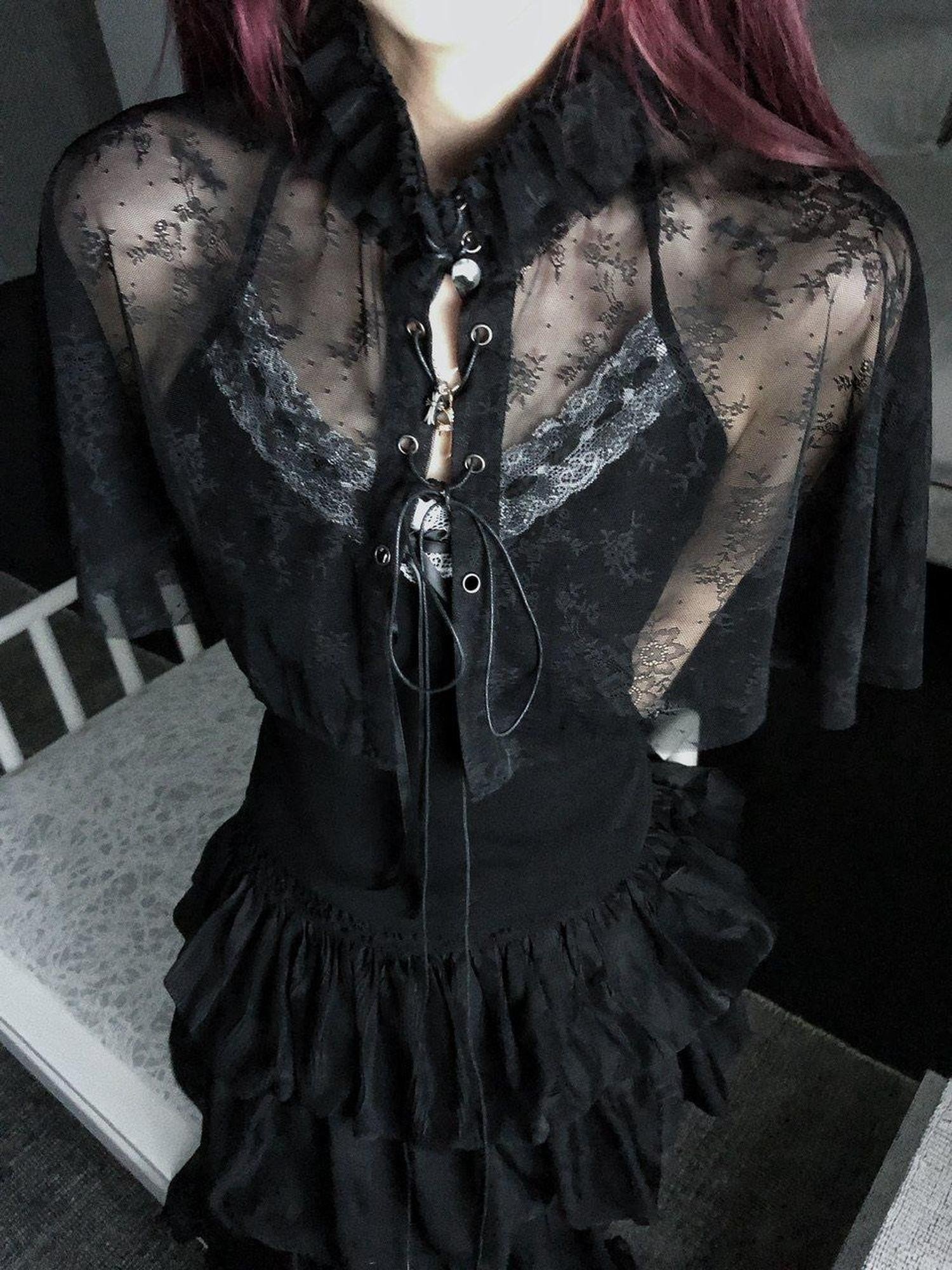 FinderMond FM Gothic Lace Mesh Cape Two Piece Women&