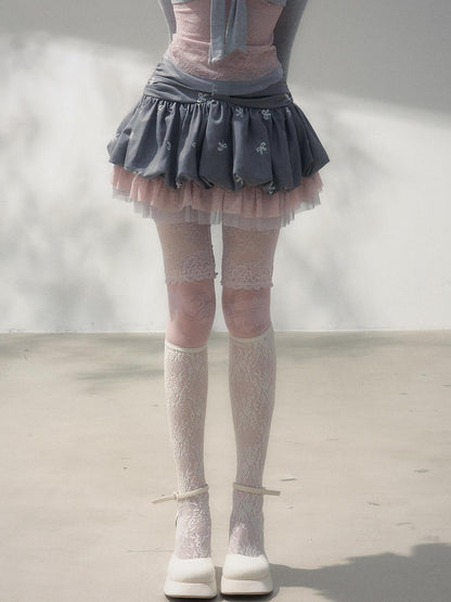 FinderMond FM Gray Pink Bow Embroidered Pleated Spliced Multilayer Women&