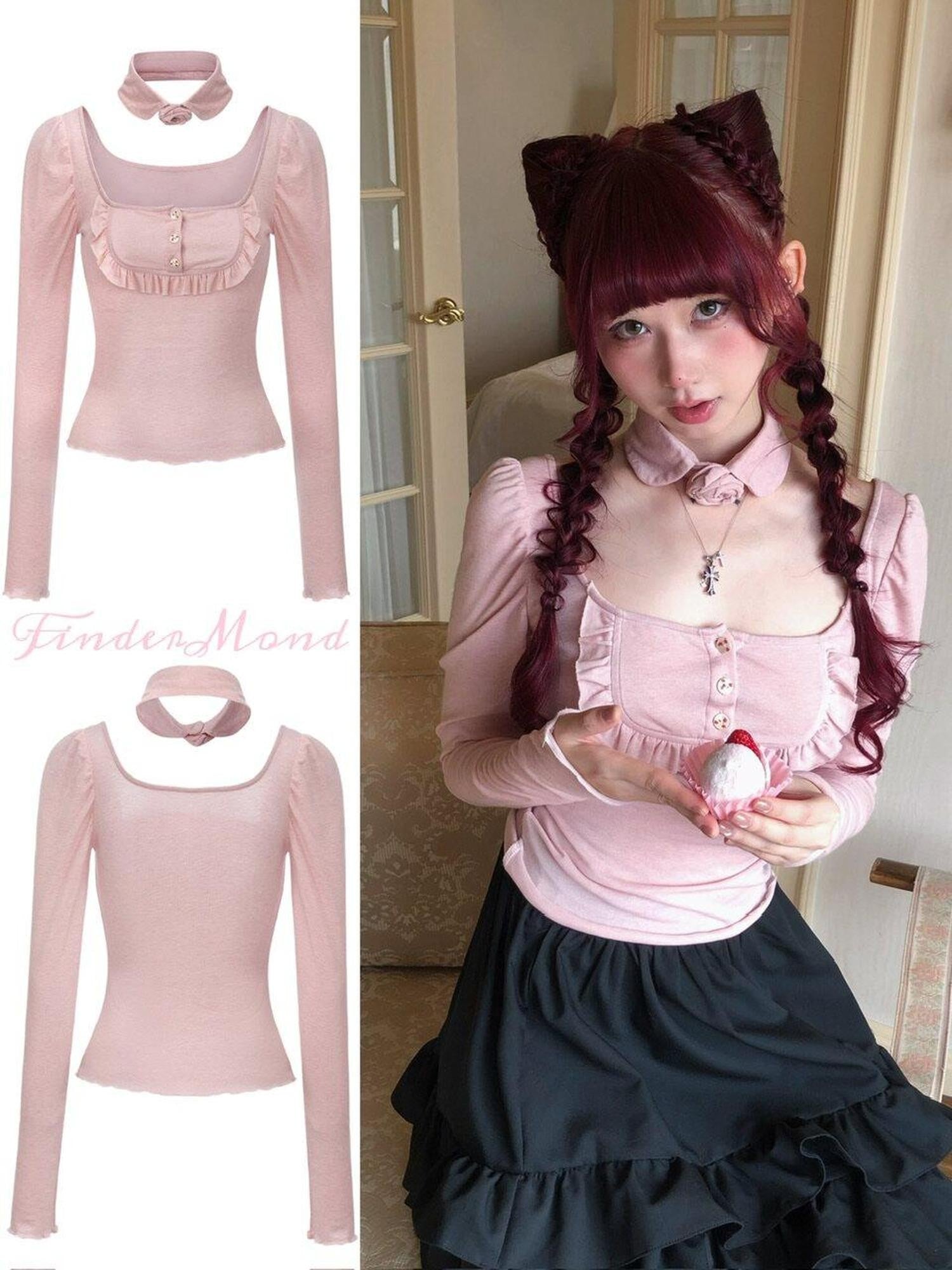 FinderMond FM Gray Pink Doll Rose Collar Women&